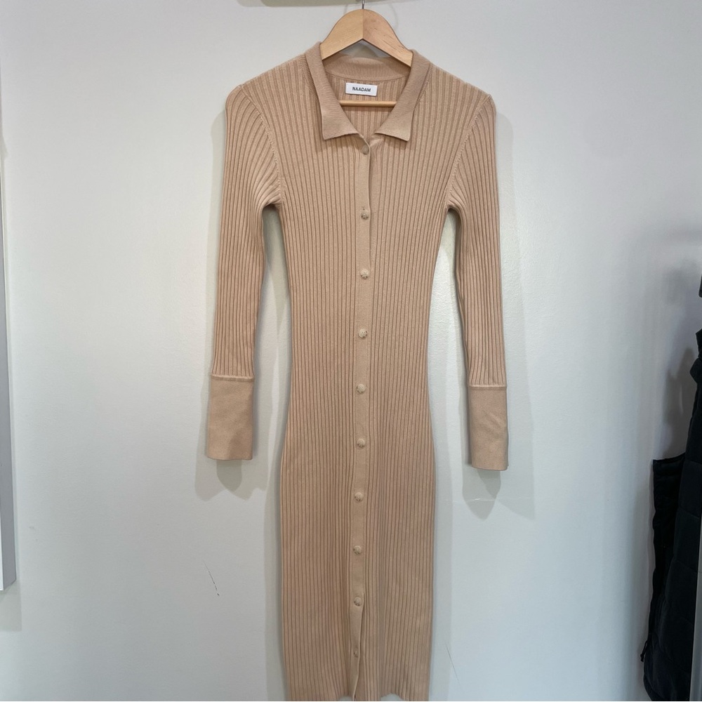 Naadam Button Front Cashmere Blend Midi Sweater Dress in Beige Tan Size S